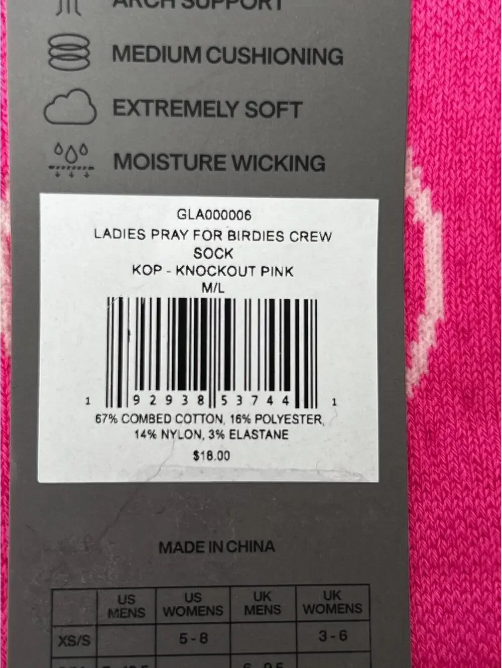 G/Fore Ladies Size M/L (US 8.5-11) Knockout Pink Pray For Birdies Crew Socks